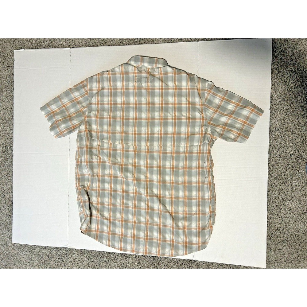 LL Bean Short Sleeve Button Up Fishing Shirt‎ Orange Gray Plaid L REG 255095 - Picture 2 of 3